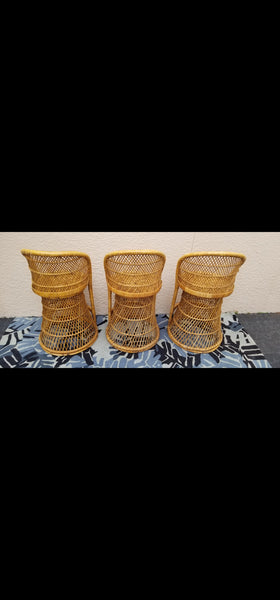 VINTAGE WICKER RATTAN BAMBOO 🎋 BOHO EMMANUELLE  SUNBURST COUNTER BARSTOOLS (3)