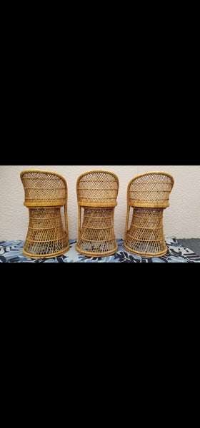 VINTAGE WICKER RATTAN BAMBOO 🎋 BOHO EMMANUELLE  SUNBURST COUNTER BARSTOOLS (3)