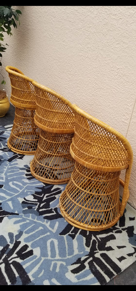 VINTAGE WICKER RATTAN BAMBOO 🎋 BOHO EMMANUELLE  SUNBURST COUNTER BARSTOOLS (3)