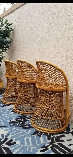 VINTAGE WICKER RATTAN BAMBOO 🎋 BOHO EMMANUELLE  SUNBURST COUNTER BARSTOOLS (3)