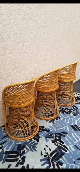 VINTAGE WICKER RATTAN BAMBOO 🎋 BOHO EMMANUELLE  SUNBURST COUNTER BARSTOOLS (3)