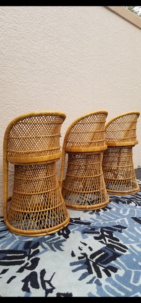 VINTAGE WICKER RATTAN BAMBOO 🎋 BOHO EMMANUELLE  SUNBURST COUNTER BARSTOOLS (3)