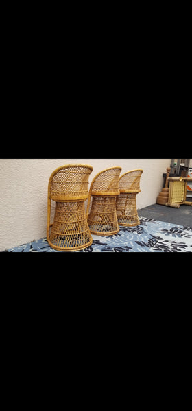 VINTAGE WICKER RATTAN BAMBOO 🎋 BOHO EMMANUELLE  SUNBURST COUNTER BARSTOOLS (3)