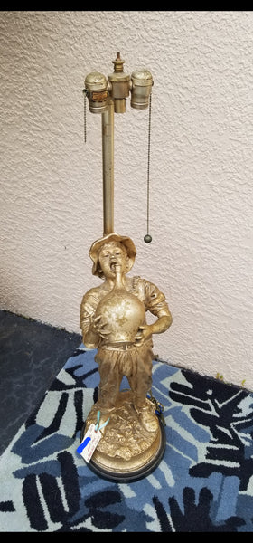 VINTAGE MARBRO LAMP CO GOLD LEAF FIGURAL/ SCULPTURAL DRUNK DUTCH BOY/ THIRSTY BOY/ BOY WITH JUG FLOOR LAMP W/ ORIGINAL SHADE