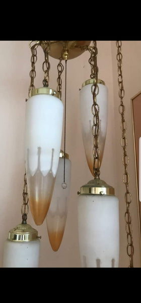 VINTAGE MID CENTURY MODERN BRASS CASCADING 5 LAMP PENDANT SWAG LIGHT FIXTURE/ CHANDELIER