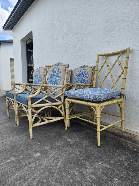 WOODBRIDGE FAUX BAMBOO/ CANE CHIPPENDALE DINING CHAIRS W/DA FRETWORK W/CUSHIONS (6 AVAILABLE)