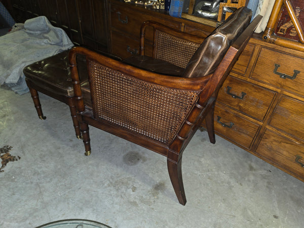 VANGUARD FURNITURE CRAFTWORK PORTOBELLO COGNAC PB WALNUT FAUX BAMBOO DOUBLE CANE PROTECTED ANILINE LEATHER BUTTON TUFTED O/S ACCENT/ LOUNGE/ SHERATON/ REGENGY CHAIR W/OTTOMAN ON BRASS CASTORS 🗣