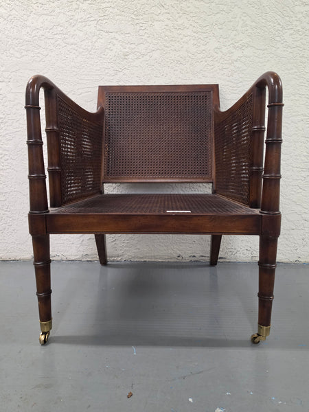 VANGUARD FURNITURE CRAFTWORK PORTOBELLO COGNAC PB WALNUT FAUX BAMBOO DOUBLE CANE PROTECTED ANILINE LEATHER BUTTON TUFTED O/S ACCENT/ LOUNGE/ SHERATON/ REGENGY CHAIR W/OTTOMAN ON BRASS CASTORS 🗣