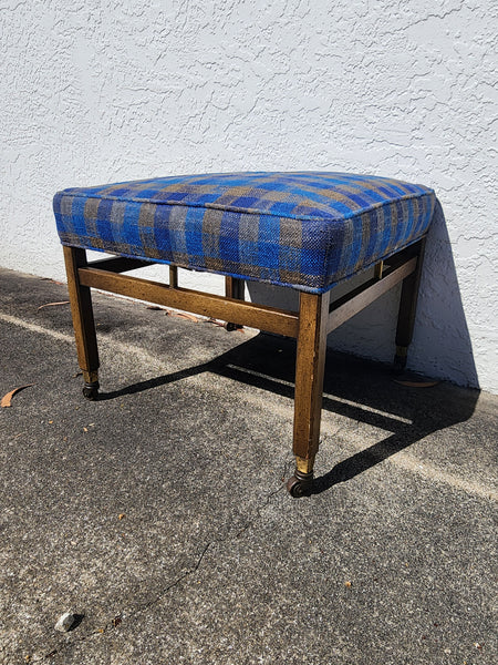 VINTAGE MID CENTURY MODERN WALNUT/ BRASS/ UPHOLSTERED STOOL/ OTTOMAN/ BENCH ON CASTORS