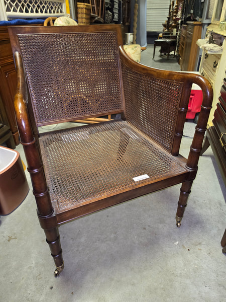 VANGUARD FURNITURE CRAFTWORK PORTOBELLO COGNAC PB WALNUT FAUX BAMBOO DOUBLE CANE PROTECTED ANILINE LEATHER BUTTON TUFTED O/S ACCENT/ LOUNGE/ SHERATON/ REGENGY CHAIR W/OTTOMAN ON BRASS CASTORS 🗣