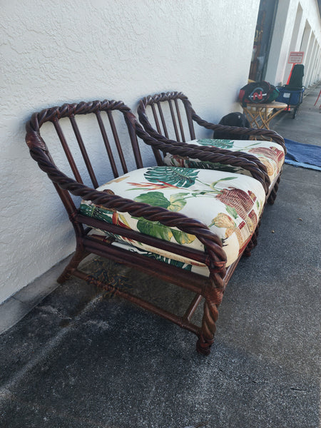 VINTAGE McGUIRE TWISTED/ BRAIDED/ BENT RATTAN ACCENT CHAIRS ~ O/S CHAIRS W/ RAWHIDE LEATHER WRAPS AND DOWN FILLED CUSHIONS/ PILLOWS (2)