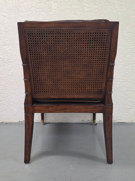 VANGUARD FURNITURE CRAFTWORK PORTOBELLO COGNAC PB WALNUT FAUX BAMBOO DOUBLE CANE PROTECTED ANILINE LEATHER BUTTON TUFTED O/S ACCENT/ LOUNGE/ SHERATON/ REGENGY CHAIR W/OTTOMAN ON BRASS CASTORS 🗣