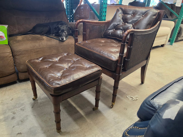 VANGUARD FURNITURE CRAFTWORK PORTOBELLO COGNAC PB WALNUT FAUX BAMBOO DOUBLE CANE PROTECTED ANILINE LEATHER BUTTON TUFTED O/S ACCENT/ LOUNGE/ SHERATON/ REGENGY CHAIR W/OTTOMAN ON BRASS CASTORS 🗣