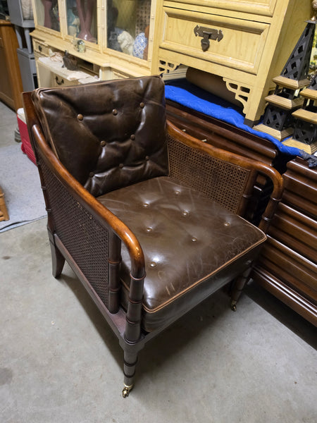 VANGUARD FURNITURE CRAFTWORK PORTOBELLO COGNAC PB WALNUT FAUX BAMBOO DOUBLE CANE PROTECTED ANILINE LEATHER BUTTON TUFTED O/S ACCENT/ LOUNGE/ SHERATON/ REGENGY CHAIR W/OTTOMAN ON BRASS CASTORS 🗣