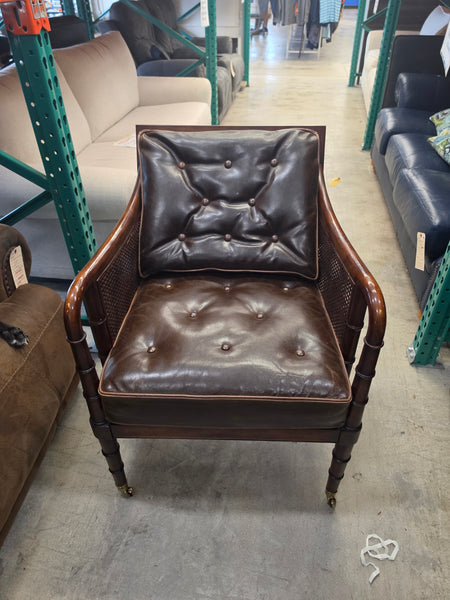 VANGUARD FURNITURE CRAFTWORK PORTOBELLO COGNAC PB WALNUT FAUX BAMBOO DOUBLE CANE PROTECTED ANILINE LEATHER BUTTON TUFTED O/S ACCENT/ LOUNGE/ SHERATON/ REGENGY CHAIR W/OTTOMAN ON BRASS CASTORS 🗣