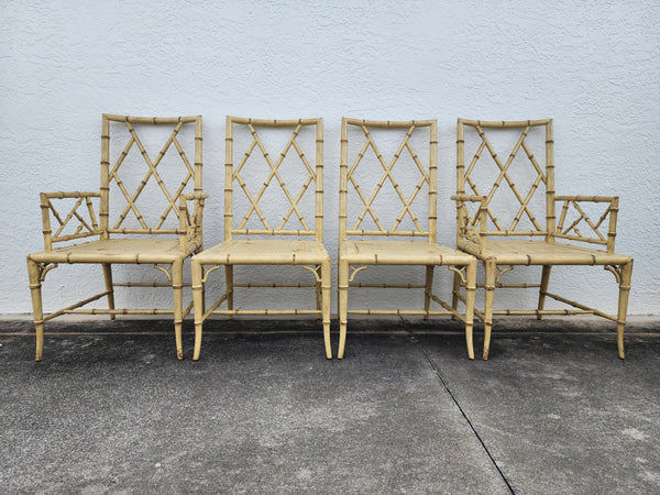 WOODBRIDGE FAUX BAMBOO/ CANE CHIPPENDALE DINING CHAIRS W/DA FRETWORK W/CUSHIONS (6 AVAILABLE)