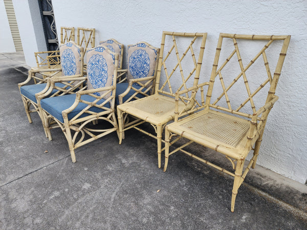 WOODBRIDGE FAUX BAMBOO/ CANE CHIPPENDALE DINING CHAIRS W/DA FRETWORK W/CUSHIONS (6 AVAILABLE)