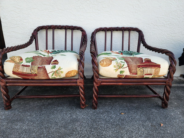 VINTAGE McGUIRE TWISTED/ BRAIDED/ BENT RATTAN ACCENT CHAIRS ~ O/S CHAIRS W/ RAWHIDE LEATHER WRAPS AND DOWN FILLED CUSHIONS/ PILLOWS (2)