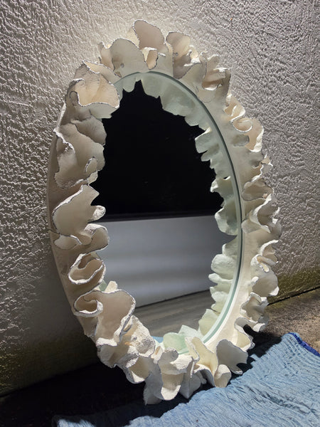 MADE GOODS WHITE FAUX CORAL 🪸 & SILVER TRIMMED COCO MIRROR