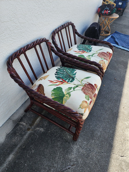 VINTAGE McGUIRE TWISTED/ BRAIDED/ BENT RATTAN ACCENT CHAIRS ~ O/S CHAIRS W/ RAWHIDE LEATHER WRAPS AND DOWN FILLED CUSHIONS/ PILLOWS (2)