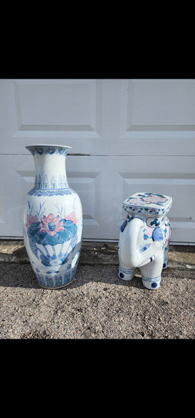 VINTAGE BLUE💙 n WHITE🤍 n PINK🩷 CERAMIC ELEPHANT🐘 trunx up PLANT STAND/ ACCENT TABLE ~ MISC