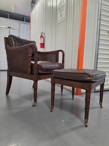 VANGUARD FURNITURE CRAFTWORK PORTOBELLO COGNAC PB WALNUT FAUX BAMBOO DOUBLE CANE PROTECTED ANILINE LEATHER BUTTON TUFTED O/S ACCENT/ LOUNGE/ SHERATON/ REGENGY CHAIR W/OTTOMAN ON BRASS CASTORS 🗣