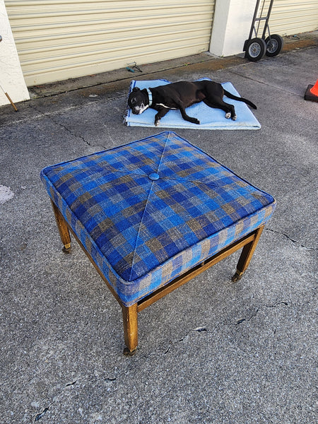 VINTAGE MID CENTURY MODERN WALNUT/ BRASS/ UPHOLSTERED STOOL/ OTTOMAN/ BENCH ON CASTORS