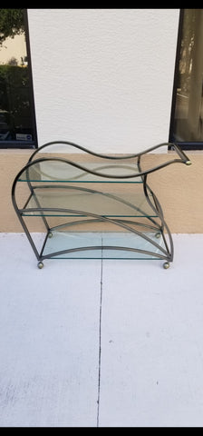 VINTAGE MID CENTURY MODERN HOLLYWOOD REGENCY DIA/ MILO BAUGHMAN SCULPTURAL METAL BRUSHED BRASS N GLASS SERVING/ TEA/ BAR CART ON CASTORS