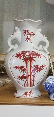 VINTAGE CERAMIC/ PORCELAIN RED/ WHITE FAUX BAMBOO 🎋 FOO DOG 🐕 DRAGON🐉LION 🦁 VASE/ URN/ PLANTER W/ HANDLES ~ MISC