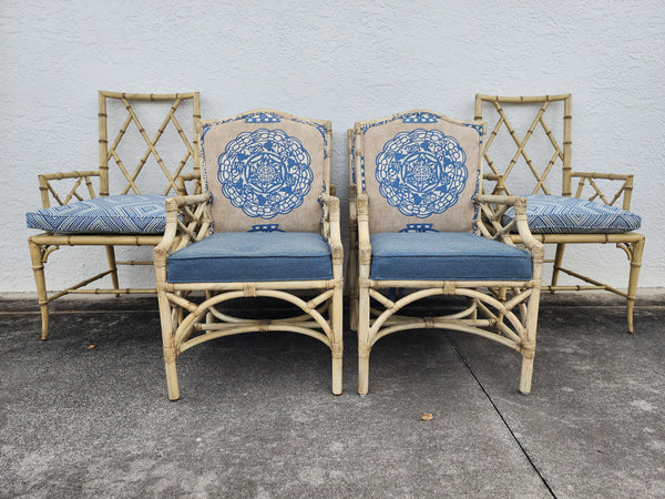 WOODBRIDGE FAUX BAMBOO/ CANE CHIPPENDALE DINING CHAIRS W/DA FRETWORK W/CUSHIONS (6 AVAILABLE)