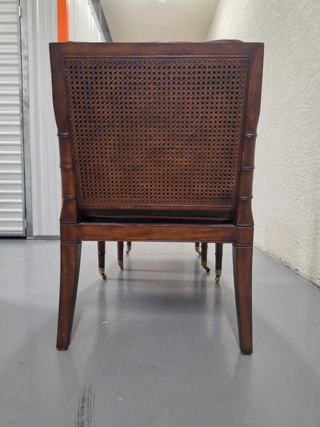 VANGUARD FURNITURE CRAFTWORK PORTOBELLO COGNAC PB WALNUT FAUX BAMBOO DOUBLE CANE PROTECTED ANILINE LEATHER BUTTON TUFTED O/S ACCENT/ LOUNGE/ SHERATON/ REGENGY CHAIR W/OTTOMAN ON BRASS CASTORS 🗣