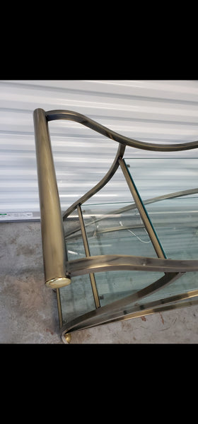 VINTAGE MID CENTURY MODERN HOLLYWOOD REGENCY DIA/ MILO BAUGHMAN SCULPTURAL METAL BRUSHED BRASS N GLASS SERVING/ TEA/ BAR CART ON CASTORS