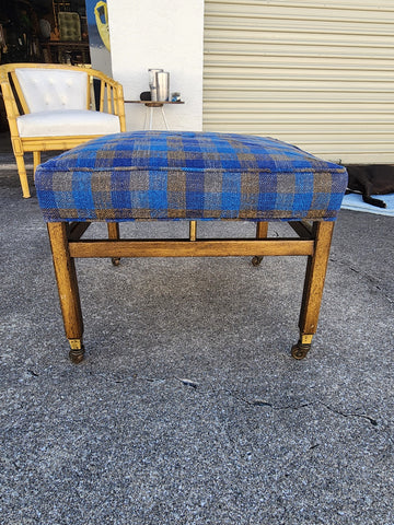 VINTAGE MID CENTURY MODERN WALNUT/ BRASS/ UPHOLSTERED STOOL/ OTTOMAN/ BENCH ON CASTORS
