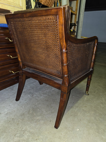VANGUARD FURNITURE CRAFTWORK PORTOBELLO COGNAC PB WALNUT FAUX BAMBOO DOUBLE CANE PROTECTED ANILINE LEATHER BUTTON TUFTED O/S ACCENT/ LOUNGE/ SHERATON/ REGENGY CHAIR W/OTTOMAN ON BRASS CASTORS 🗣