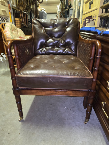 VANGUARD FURNITURE CRAFTWORK PORTOBELLO COGNAC PB WALNUT FAUX BAMBOO DOUBLE CANE PROTECTED ANILINE LEATHER BUTTON TUFTED O/S ACCENT/ LOUNGE/ SHERATON/ REGENGY CHAIR W/OTTOMAN ON BRASS CASTORS 🗣