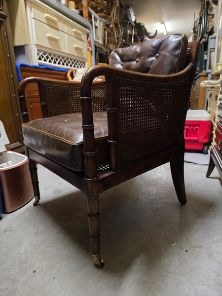 VANGUARD FURNITURE CRAFTWORK PORTOBELLO COGNAC PB WALNUT FAUX BAMBOO DOUBLE CANE PROTECTED ANILINE LEATHER BUTTON TUFTED O/S ACCENT/ LOUNGE/ SHERATON/ REGENGY CHAIR W/OTTOMAN ON BRASS CASTORS 🗣