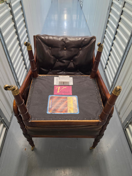 VANGUARD FURNITURE CRAFTWORK PORTOBELLO COGNAC PB WALNUT FAUX BAMBOO DOUBLE CANE PROTECTED ANILINE LEATHER BUTTON TUFTED O/S ACCENT/ LOUNGE/ SHERATON/ REGENGY CHAIR W/OTTOMAN ON BRASS CASTORS 🗣