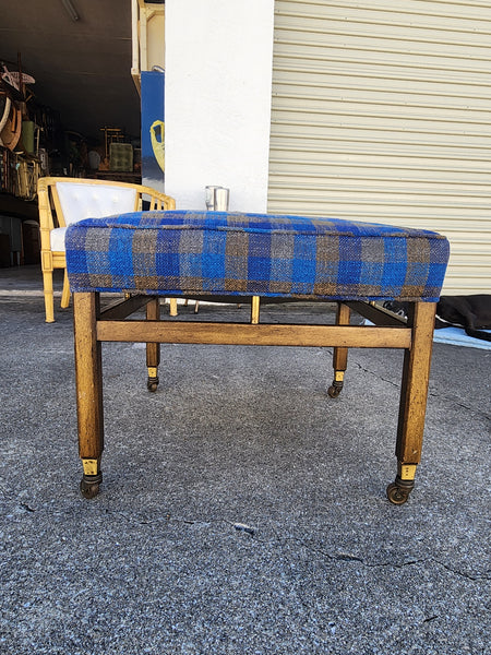 VINTAGE MID CENTURY MODERN WALNUT/ BRASS/ UPHOLSTERED STOOL/ OTTOMAN/ BENCH ON CASTORS