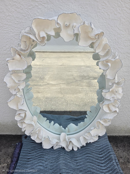 MADE GOODS WHITE FAUX CORAL 🪸 & SILVER TRIMMED COCO MIRROR