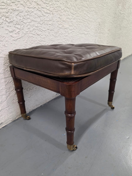 VANGUARD FURNITURE CRAFTWORK PORTOBELLO COGNAC PB WALNUT FAUX BAMBOO DOUBLE CANE PROTECTED ANILINE LEATHER BUTTON TUFTED O/S ACCENT/ LOUNGE/ SHERATON/ REGENGY CHAIR W/OTTOMAN ON BRASS CASTORS 🗣