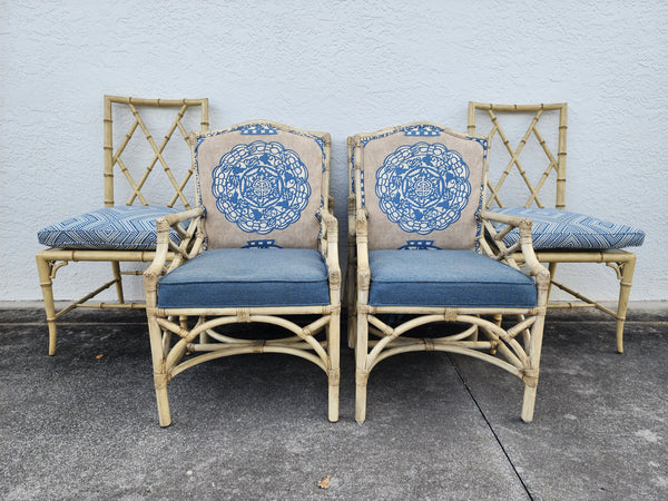 WOODBRIDGE FAUX BAMBOO/ CANE CHIPPENDALE DINING CHAIRS W/DA FRETWORK W/CUSHIONS (6 AVAILABLE)