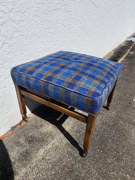 VINTAGE MID CENTURY MODERN WALNUT/ BRASS/ UPHOLSTERED STOOL/ OTTOMAN/ BENCH ON CASTORS