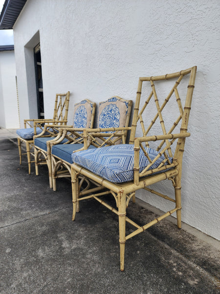 WOODBRIDGE FAUX BAMBOO/ CANE CHIPPENDALE DINING CHAIRS W/DA FRETWORK W/CUSHIONS (6 AVAILABLE)