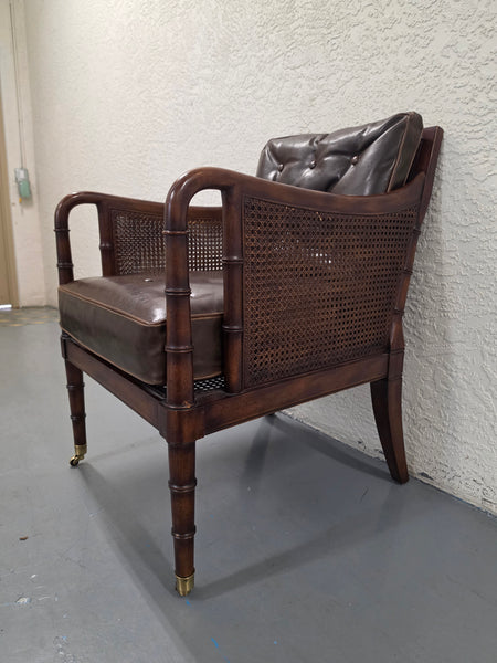 VANGUARD FURNITURE CRAFTWORK PORTOBELLO COGNAC PB WALNUT FAUX BAMBOO DOUBLE CANE PROTECTED ANILINE LEATHER BUTTON TUFTED O/S ACCENT/ LOUNGE/ SHERATON/ REGENGY CHAIR W/OTTOMAN ON BRASS CASTORS 🗣