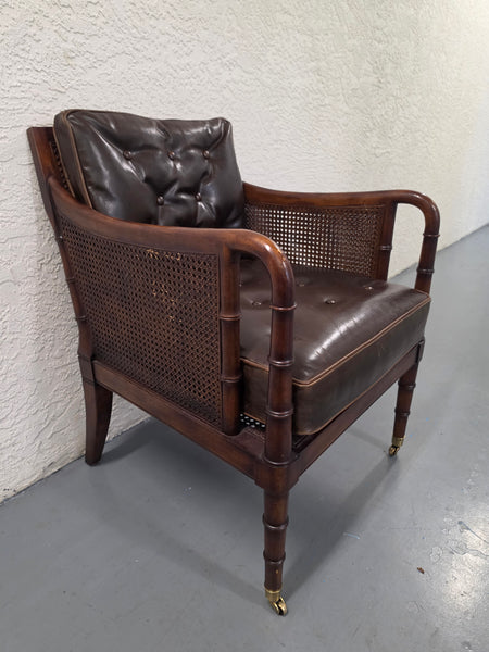 VANGUARD FURNITURE CRAFTWORK PORTOBELLO COGNAC PB WALNUT FAUX BAMBOO DOUBLE CANE PROTECTED ANILINE LEATHER BUTTON TUFTED O/S ACCENT/ LOUNGE/ SHERATON/ REGENGY CHAIR W/OTTOMAN ON BRASS CASTORS 🗣