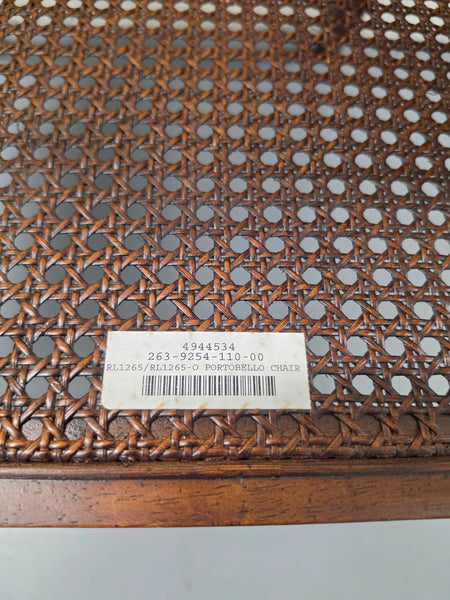 VANGUARD FURNITURE CRAFTWORK PORTOBELLO COGNAC PB WALNUT FAUX BAMBOO DOUBLE CANE PROTECTED ANILINE LEATHER BUTTON TUFTED O/S ACCENT/ LOUNGE/ SHERATON/ REGENGY CHAIR W/OTTOMAN ON BRASS CASTORS 🗣