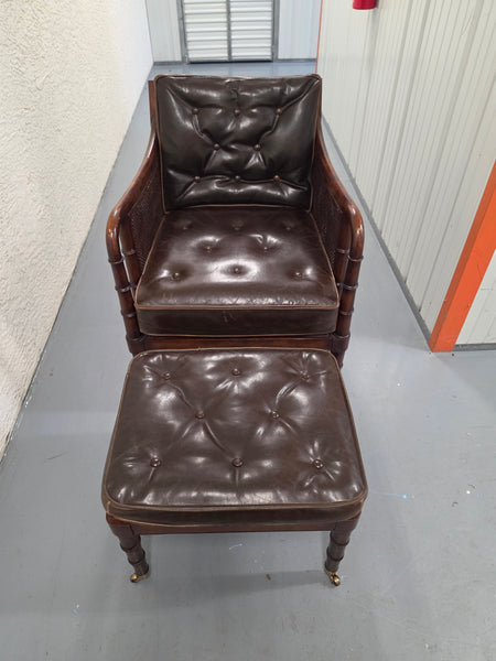 VANGUARD FURNITURE CRAFTWORK PORTOBELLO COGNAC PB WALNUT FAUX BAMBOO DOUBLE CANE PROTECTED ANILINE LEATHER BUTTON TUFTED O/S ACCENT/ LOUNGE/ SHERATON/ REGENGY CHAIR W/OTTOMAN ON BRASS CASTORS 🗣