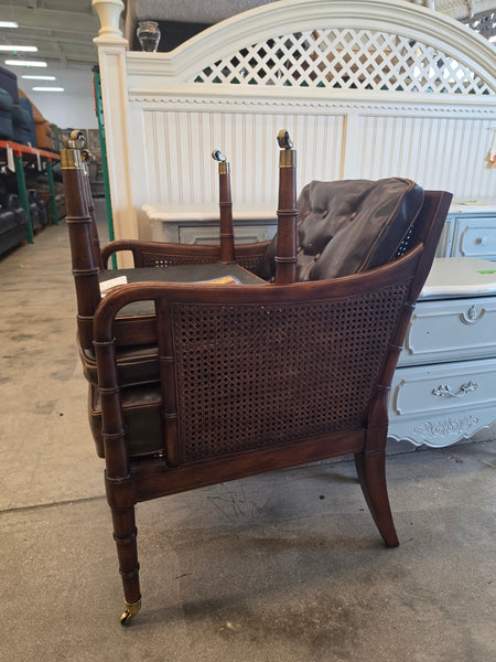 VANGUARD FURNITURE CRAFTWORK PORTOBELLO COGNAC PB WALNUT FAUX BAMBOO DOUBLE CANE PROTECTED ANILINE LEATHER BUTTON TUFTED O/S ACCENT/ LOUNGE/ SHERATON/ REGENGY CHAIR W/OTTOMAN ON BRASS CASTORS 🗣