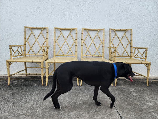 WOODBRIDGE FAUX BAMBOO/ CANE CHIPPENDALE DINING CHAIRS W/DA FRETWORK W/CUSHIONS (6 AVAILABLE)