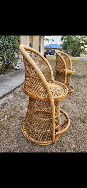 VINTAGE WICKER RATTAN BAMBOO 🎋 BOHO EMMANUELLE  SUNBURST COUNTER BARSTOOLS (3)